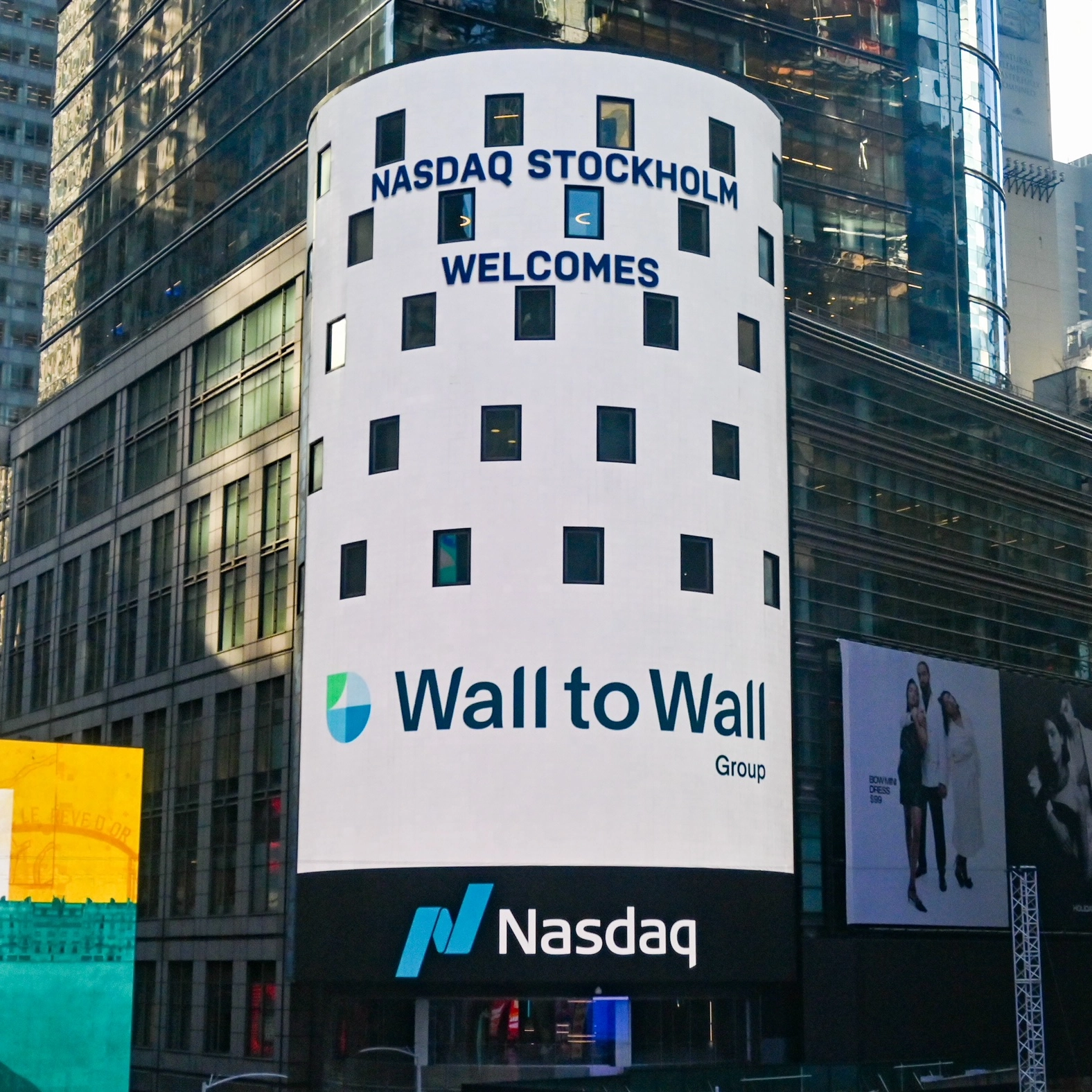 Outdoor publicity for Wall to Wall Group referencing to the entry of the company on Nasdaq Stockholm.